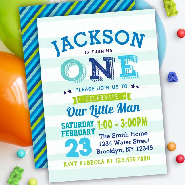 Boy 1st Birthday Invitation Blue Green Little Man (Creator Uploaded)