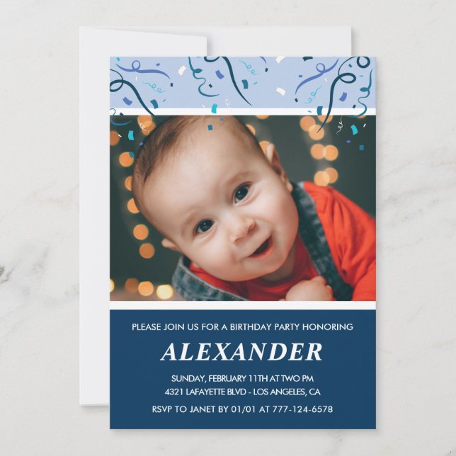 Boy 1st birthday invitations Photo Navy Blue (Front)
