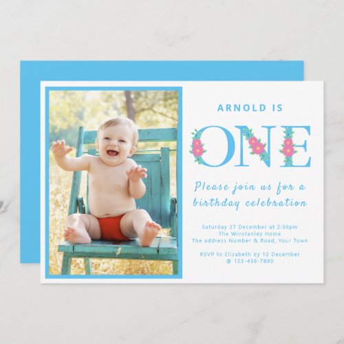 Boy 1st Birthday Party Blue Photo Invitation