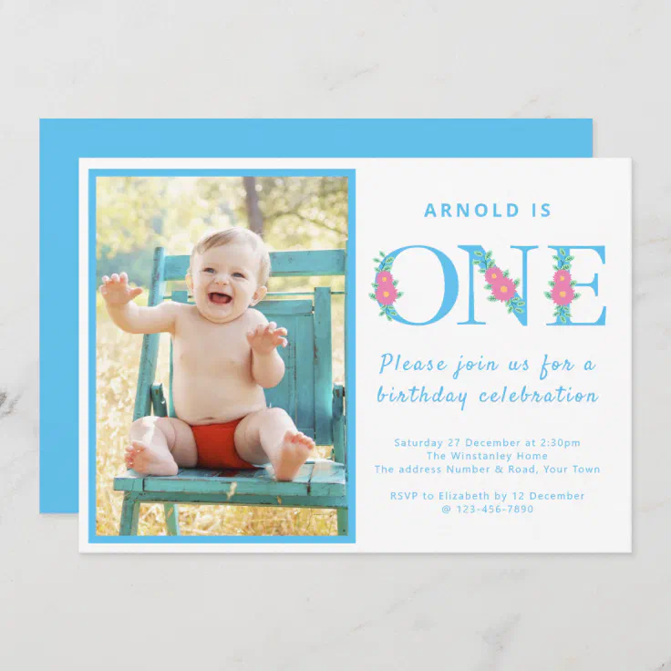 Boy 1st Birthday Party Blue Photo Invitation | Zazzle