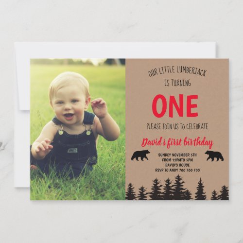 Boy 1st Birthday Photo Invite Lumberjack