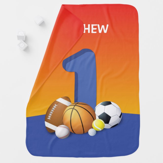 Boy 1st Birthday Sports Balls Baby Blanket (In Situ)