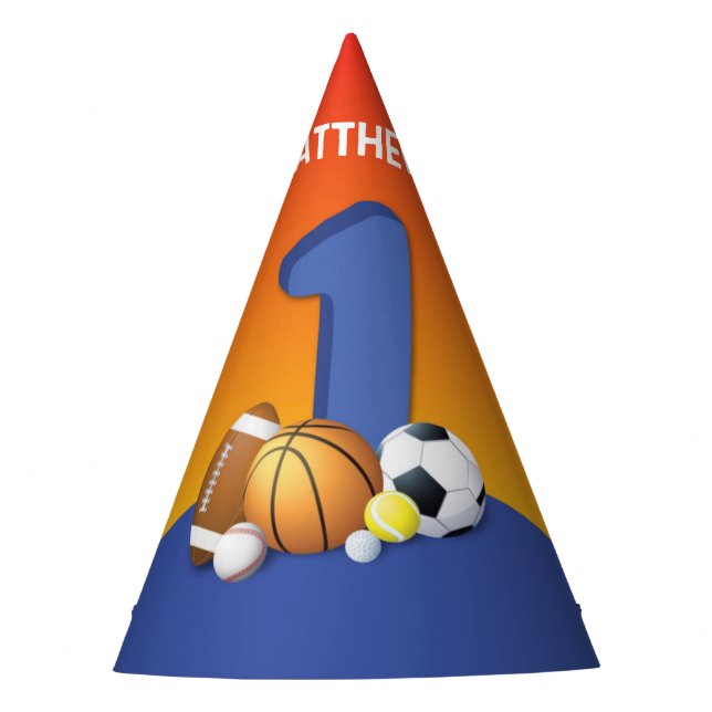 Boy 1st Birthday Sports Balls Party Hat (Front)