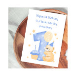 Boy 1st Birthday Teddy Bear Birthday Card<br><div class="desc">This watercolour 1st birthday card is suitable for a grandson or son. The design includes a polka dot birthday number 1 in blue,  a birthday cupcake,  and a teddy bear with balloon and party hat. The child's name has been included on the front of the card.</div>