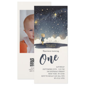 Boy 1st Birthday Watercolor Stars Photo QR RSVP Invitation