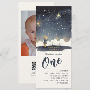 Boy 1st Birthday Watercolor Stars Photo QR RSVP Invitation