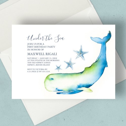 Boy 1st Birthday Watercolor Whale Starfish Invitation