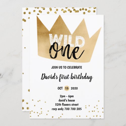 Boy 1st Birthday WILD ONE Gold Foil Crown Confetti Invitation