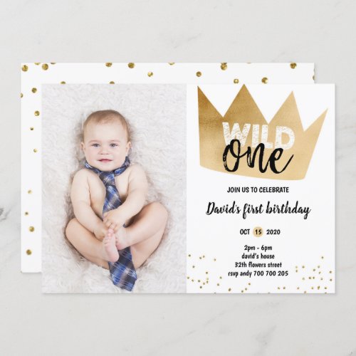 Boy 1st Birthday WILD ONE Gold Foil Crown Photo Invitation