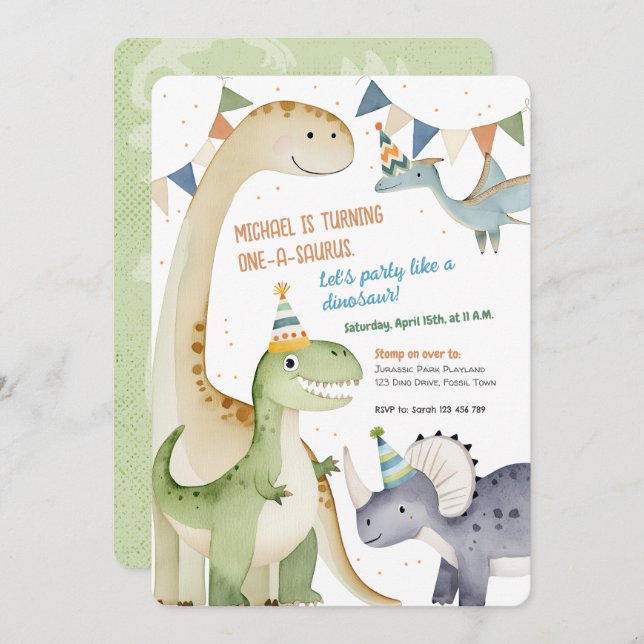 Boy 1st Dinomite Party Cute One-A-Saurus Invitation (Front/Back)