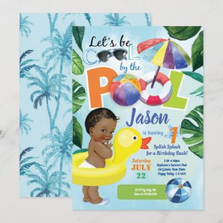 Boy 1st first birthday pool party tropical invitation