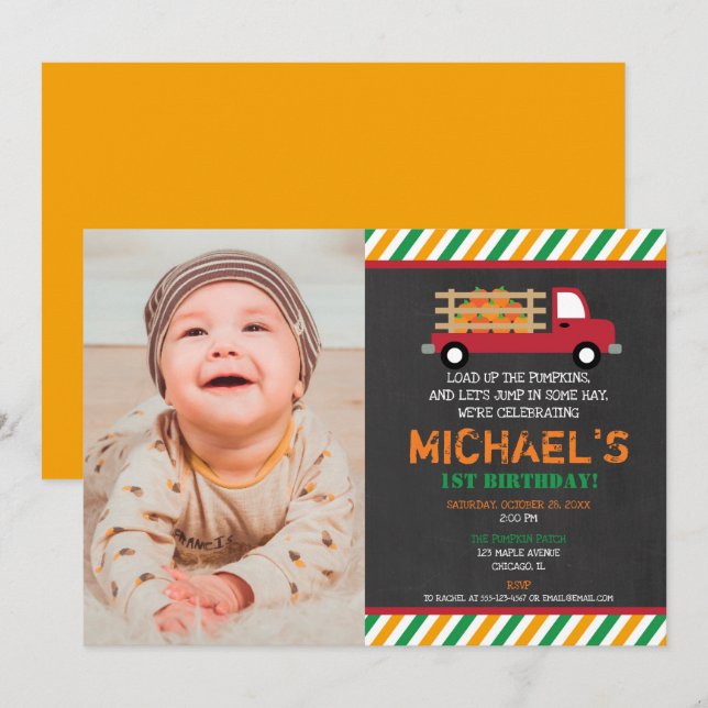 Boy 1st first birthday pumpkin patch halloween invitation (Front/Back)