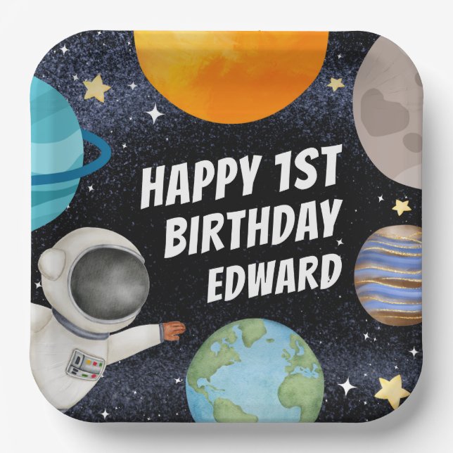 Boy 1st Happy Birthday Planets Space Paper Plates (Front)
