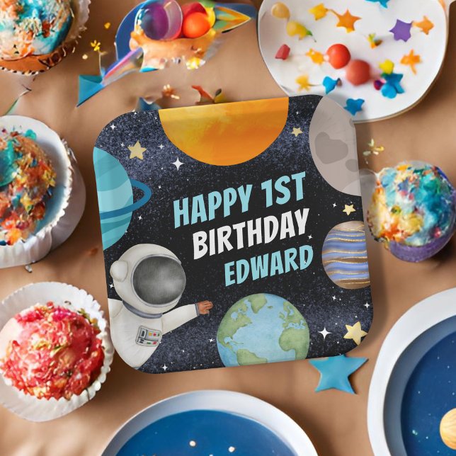 Boy 1st Happy Birthday Planets Space Paper Plates (Creator Uploaded)
