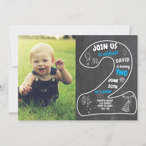 Boy 2nd Birthday Chalkboard with Photo Blue Invitation