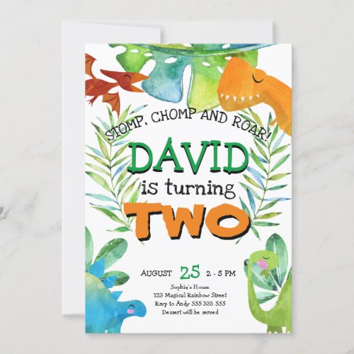 Boy 2nd Birthday Dinosaur Boys Second Birthday Invitation