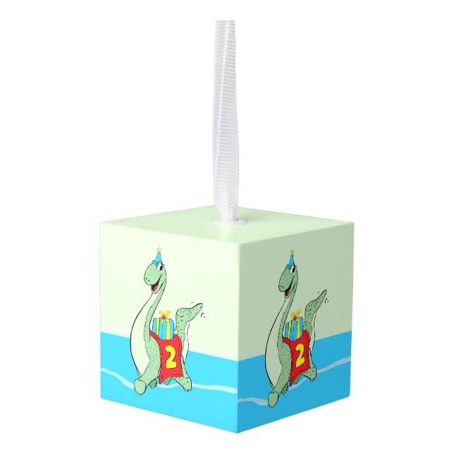 Boy, 2nd Birthday Dinosaur Cube Ornament (Back Angled)