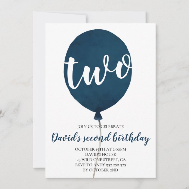 Boy 2nd Birthday Navy Blue Balloon Invitation (Front)
