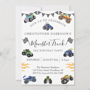 Boy 2nd Birthday Party Monster Truck Invitation