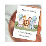 Boy 2nd Birthday Safari Leaf Animals Card<br><div class="desc">This boy watercolour 2nd birthday card is suitable for twins or a single child. The design includes birthday stars,  the number 2 in blue,  two birthday balloons,  and five safari animals (hippo,  giraffe,  lion,  monkey and elephant). Child's name has been included on the front of the card.</div>