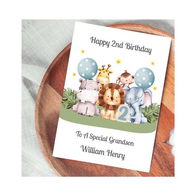 Boy 2nd Birthday Safari Leaf Animals Card (Creator Uploaded)