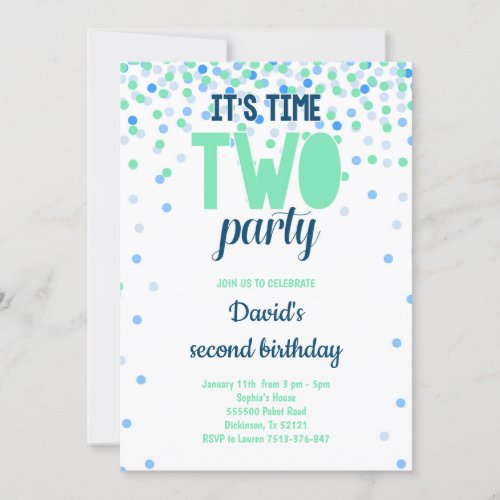 Boy 2nd Birthday TWO PARTY Confetti Blue Green Invitation