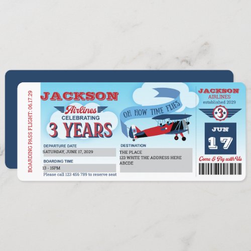 Boy 3rd Birthday Boarding Pass Airplane Invitation