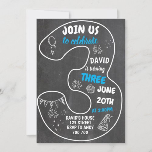 Boy 3rd Birthday Chalkboard Number Blue Invitation