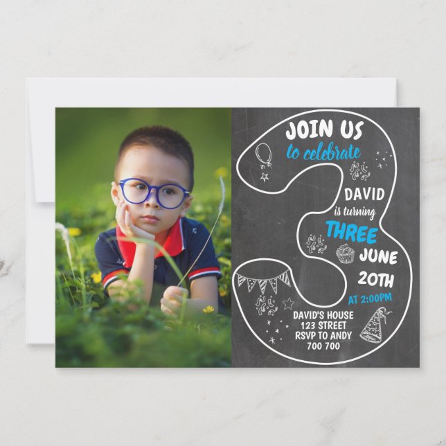 Boy 3rd Birthday Chalkboard with Photo Number Blue Invitation (Front)