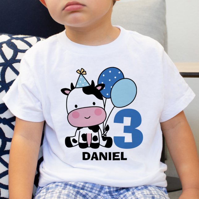 Boy 3rd Birthday Cute Cow Personalized T-Shirt (Creator Uploaded)