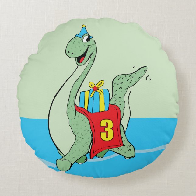 Boy, 3rd Birthday Dinosaur Round Pillow (Front)