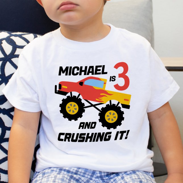 Boy 3rd Birthday Monster Truck Personalized Baby T-Shirt (Creator Uploaded)