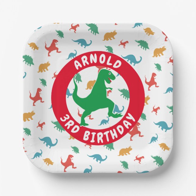 Boy 3rd Birthday Party Dinosaur Pattern T-Rex Paper Plates (Front)