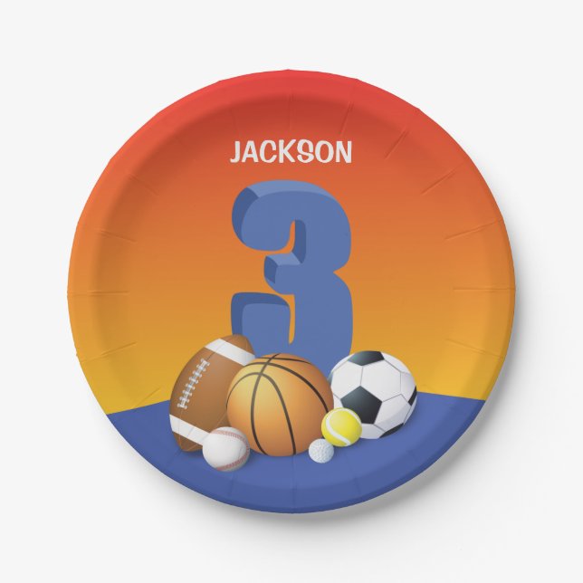 Boy 3rd Birthday Sports Balls Paper Plates (Front)