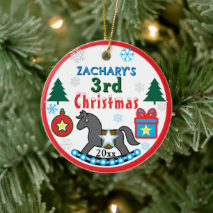 Boy 3rd Christmas PHOTO Gray Blue Horse Ceramic Ornament