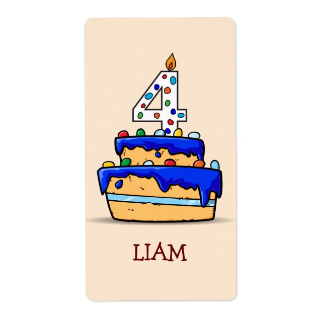 Boy 4th Birthday, 4 on Sweet Blue Cake Label (Front)