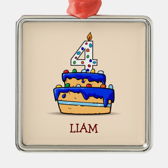 Boy 4th Birthday, 4 on Sweet Blue Cake Metal Ornament (Front)