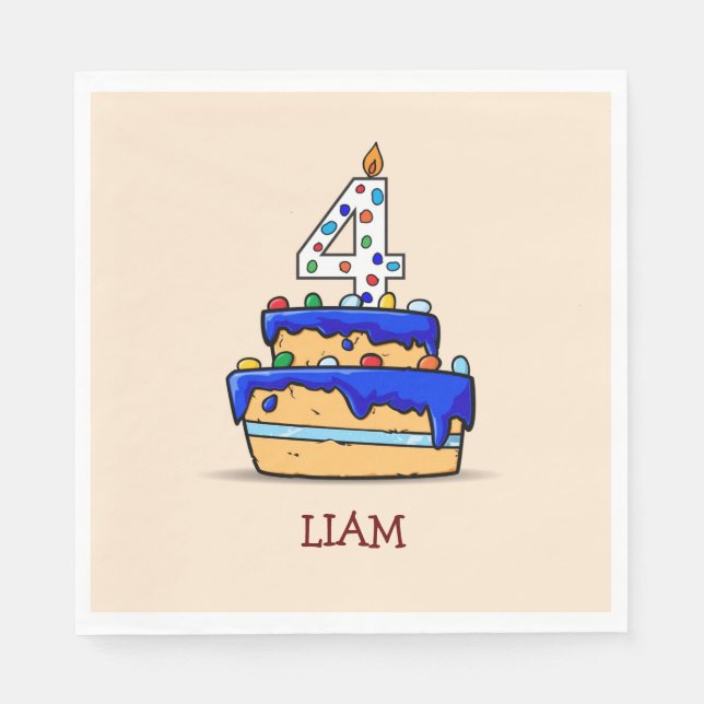 Boy 4th Birthday, 4 on Sweet Blue Cake Napkins (Front)