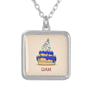 Boy 4th Birthday, 4 on Sweet Blue Cake Silver Plated Necklace