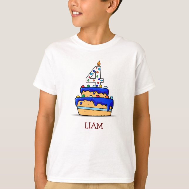 Boy 4th Birthday, 4 on Sweet Blue Cake T-Shirt (Front)