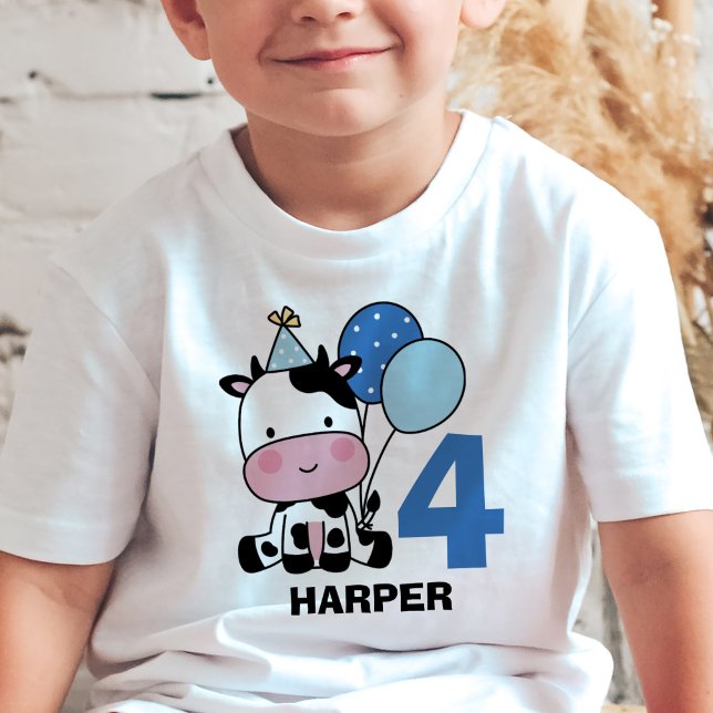 Boy 4th Birthday Cow Blue Balloons Personalized T-Shirt (Creator Uploaded)