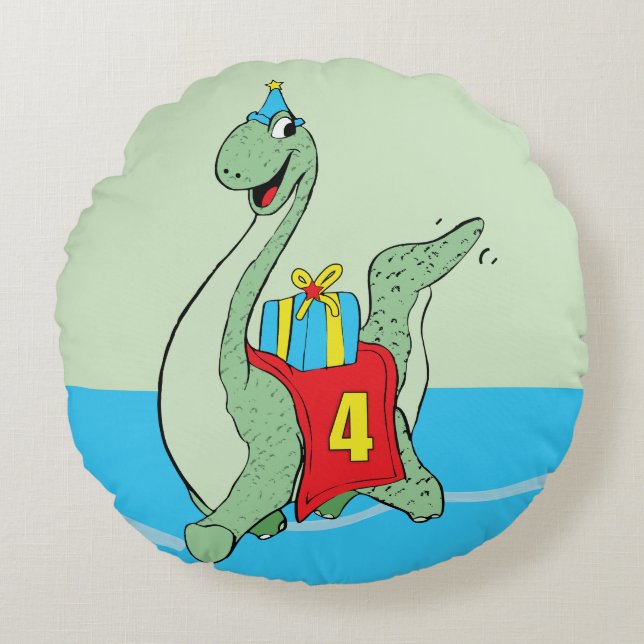 Boy, 4th Birthday Dinosaur Round Pillow (Front)