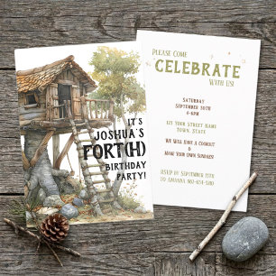 Boy 4th Birthday Fun Fort Treehouse Watercolor Invitation