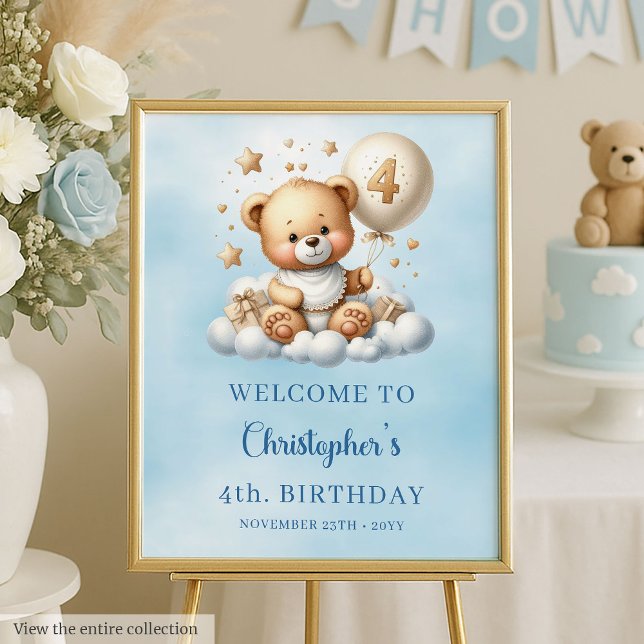 Boy 4th Birthday Teddy Bear Welcome Poster (Boy 4th Birthday Teddy Bear Welcome Poster)