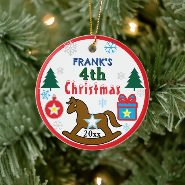 Boy 4th Christmas Rocking Horse INSERT PHOTO Ceramic Ornament (Tree)
