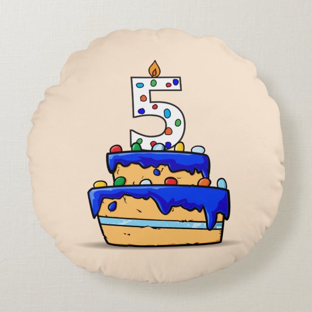 Boy 5th Birthday, 5 on Sweet Blue Cake Round Pillow (Front)