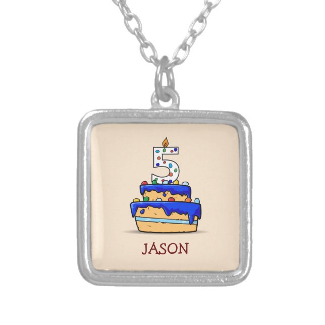 Boy 5th Birthday, 5 on Sweet Blue Cake Silver Plated Necklace (Front)