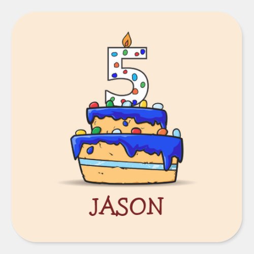 Boy 5th Birthday 5 on Sweet Blue Cake Square Sticker