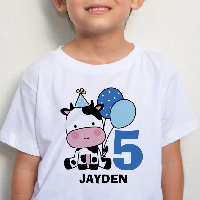 Boy 5th Birthday Cow Blue Balloons Personalized T-Shirt (Creator Uploaded)