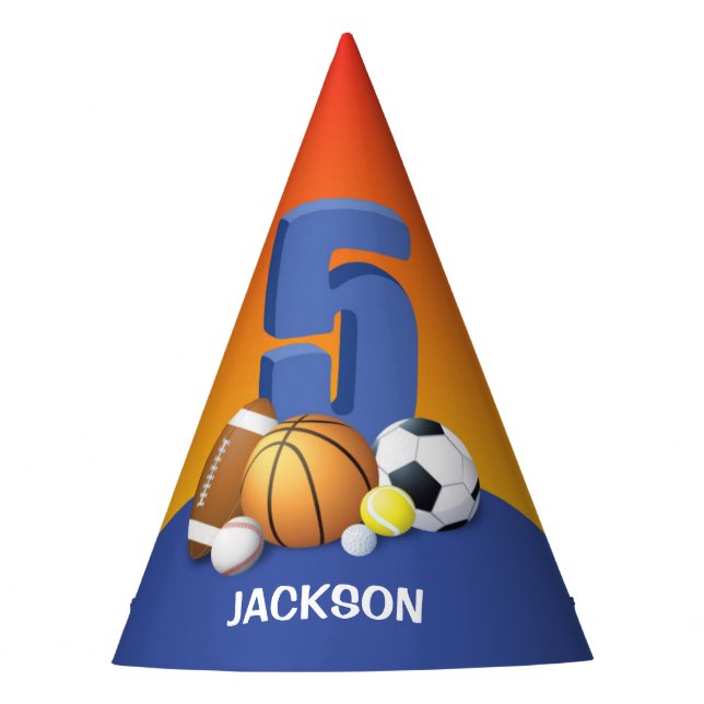 Boy 5th Birthday Sports Balls Party Hat (Front)